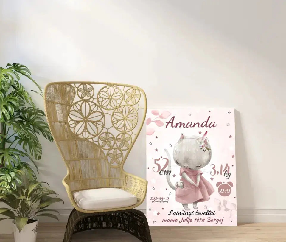 Personalizuota Mergaitės Gimimo Metrikų Iliustracija ant drobės  Drobe -  dovanokis.lt