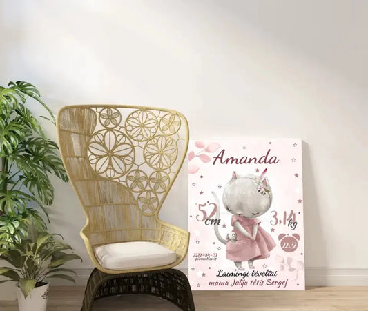 Personalizuota Mergaitės Gimimo Metrikų Iliustracija ant drobės  Drobe -  dovanokis.lt