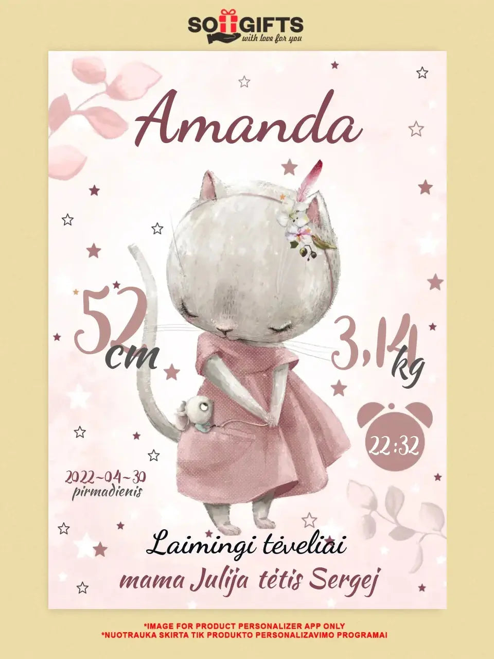 Personalizuota Mergaitės Gimimo Metrikų Iliustracija ant drobės  Drobe -  dovanokis.lt