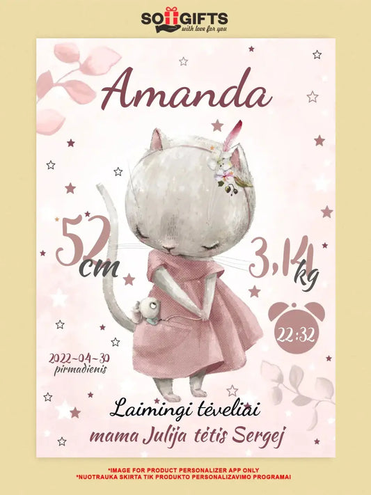 Personalizuota Mergaitės Gimimo Metrikų Iliustracija ant drobės  Drobe -  dovanokis.lt