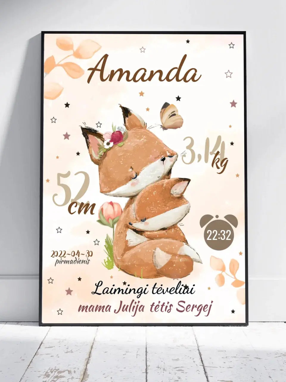 Personalizuota Mergaitės Gimimo Metrikų Iliustracija, plakatas su rėmeliu  Posteris(Plakatas) -  dovanokis.lt
