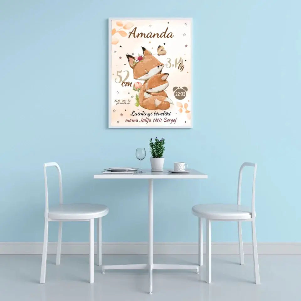 Personalizuota Mergaitės Gimimo Metrikų Iliustracija, plakatas su rėmeliu  Posteris(Plakatas) -  dovanokis.lt