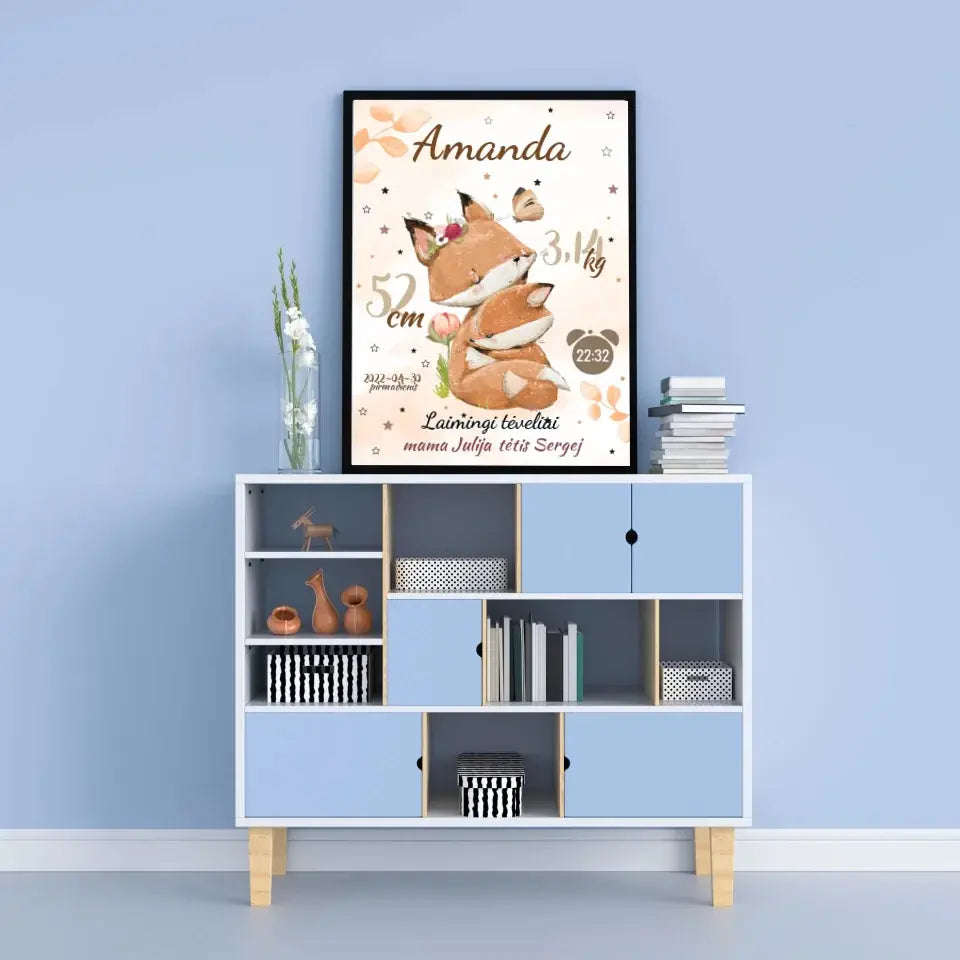 Personalizuota Mergaitės Gimimo Metrikų Iliustracija, plakatas su rėmeliu  Posteris(Plakatas) -  dovanokis.lt
