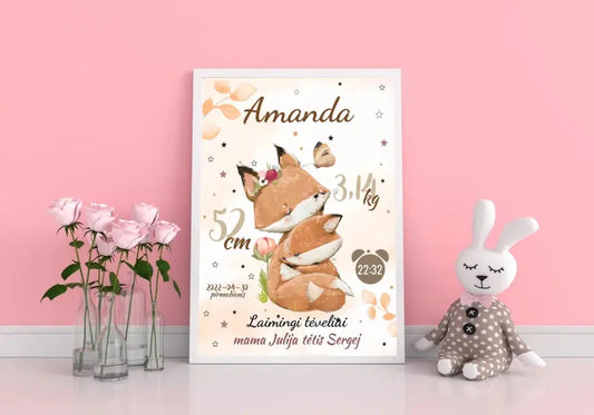 Personalizuota Mergaitės Gimimo Metrikų Iliustracija, plakatas su rėmeliu  Posteris(Plakatas) -  dovanokis.lt