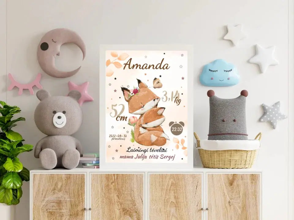 Personalizuota Mergaitės Gimimo Metrikų Iliustracija, plakatas su rėmeliu  Posteris(Plakatas) -  dovanokis.lt