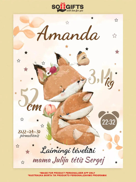 Personalizuota Mergaitės Gimimo Metrikų Iliustracija ant drobės  Drobe -  dovanokis.lt