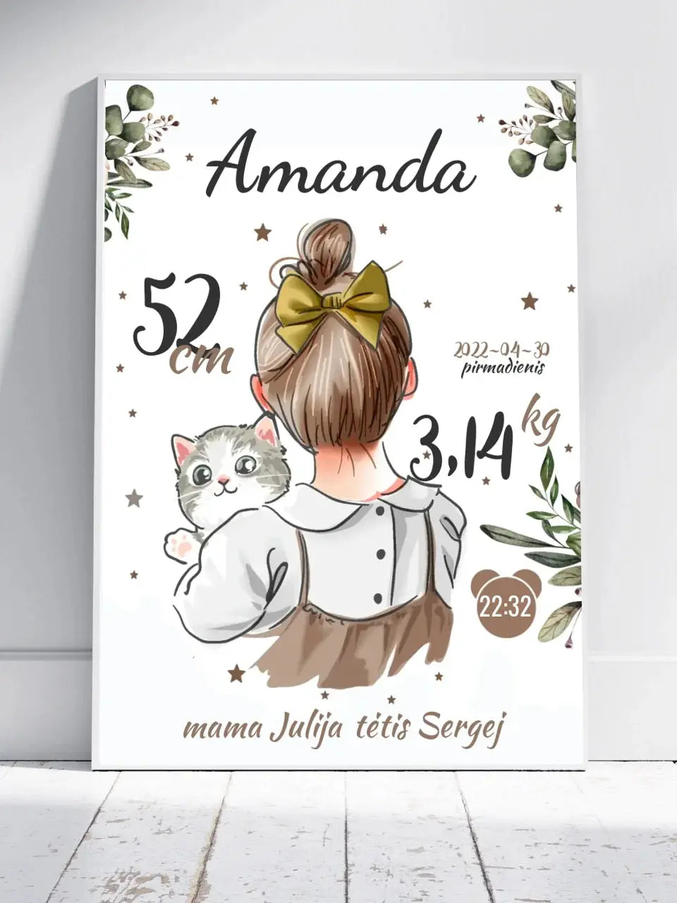 Personalizuota Mergaitės Gimimo Metrikų Iliustracija, plakatas su rėmeliu  Posteris(Plakatas) -  dovanokis.lt