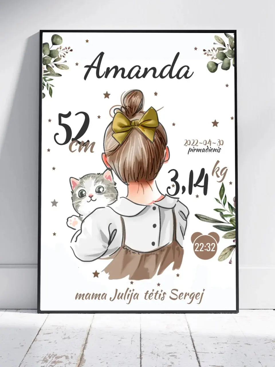 Personalizuota Mergaitės Gimimo Metrikų Iliustracija, plakatas su rėmeliu  Posteris(Plakatas) -  dovanokis.lt