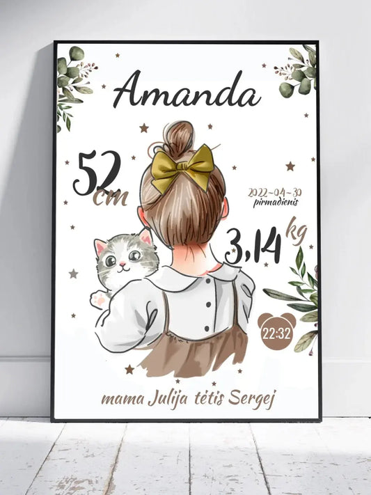 Personalizuota Mergaitės Gimimo Metrikų Iliustracija, plakatas su rėmeliu  Posteris(Plakatas) -  dovanokis.lt