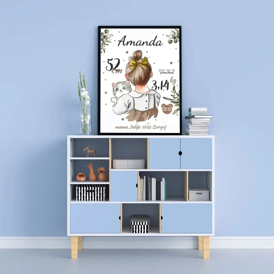 Personalizuota Mergaitės Gimimo Metrikų Iliustracija, plakatas su rėmeliu  Posteris(Plakatas) -  dovanokis.lt