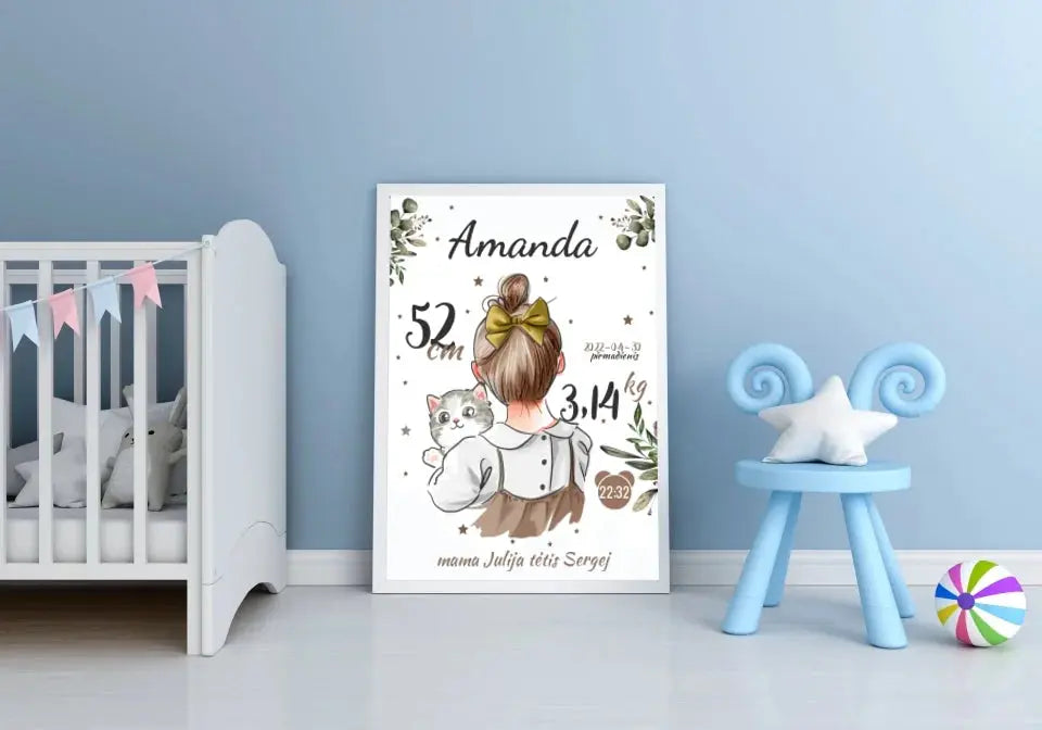 Personalizuota Mergaitės Gimimo Metrikų Iliustracija, plakatas su rėmeliu  Posteris(Plakatas) -  dovanokis.lt