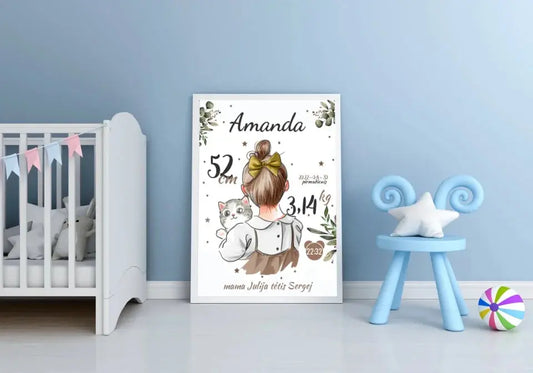 Personalizuota Mergaitės Gimimo Metrikų Iliustracija, plakatas su rėmeliu  Posteris(Plakatas) -  dovanokis.lt