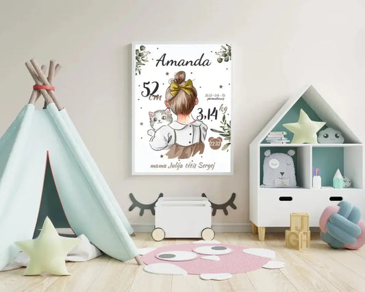 Personalizuota Mergaitės Gimimo Metrikų Iliustracija, plakatas su rėmeliu  Posteris(Plakatas) -  dovanokis.lt