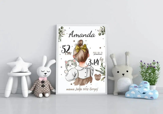 Personalizuota Mergaitės Gimimo Metrikų Iliustracija, plakatas su rėmeliu  Posteris(Plakatas) -  dovanokis.lt