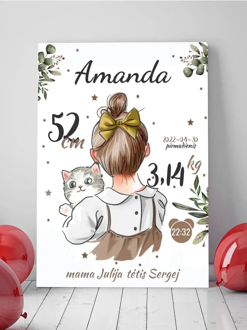 Personalizuota Mergaitės Gimimo Metrikų Iliustracija ant drobės  Drobe -  dovanokis.lt