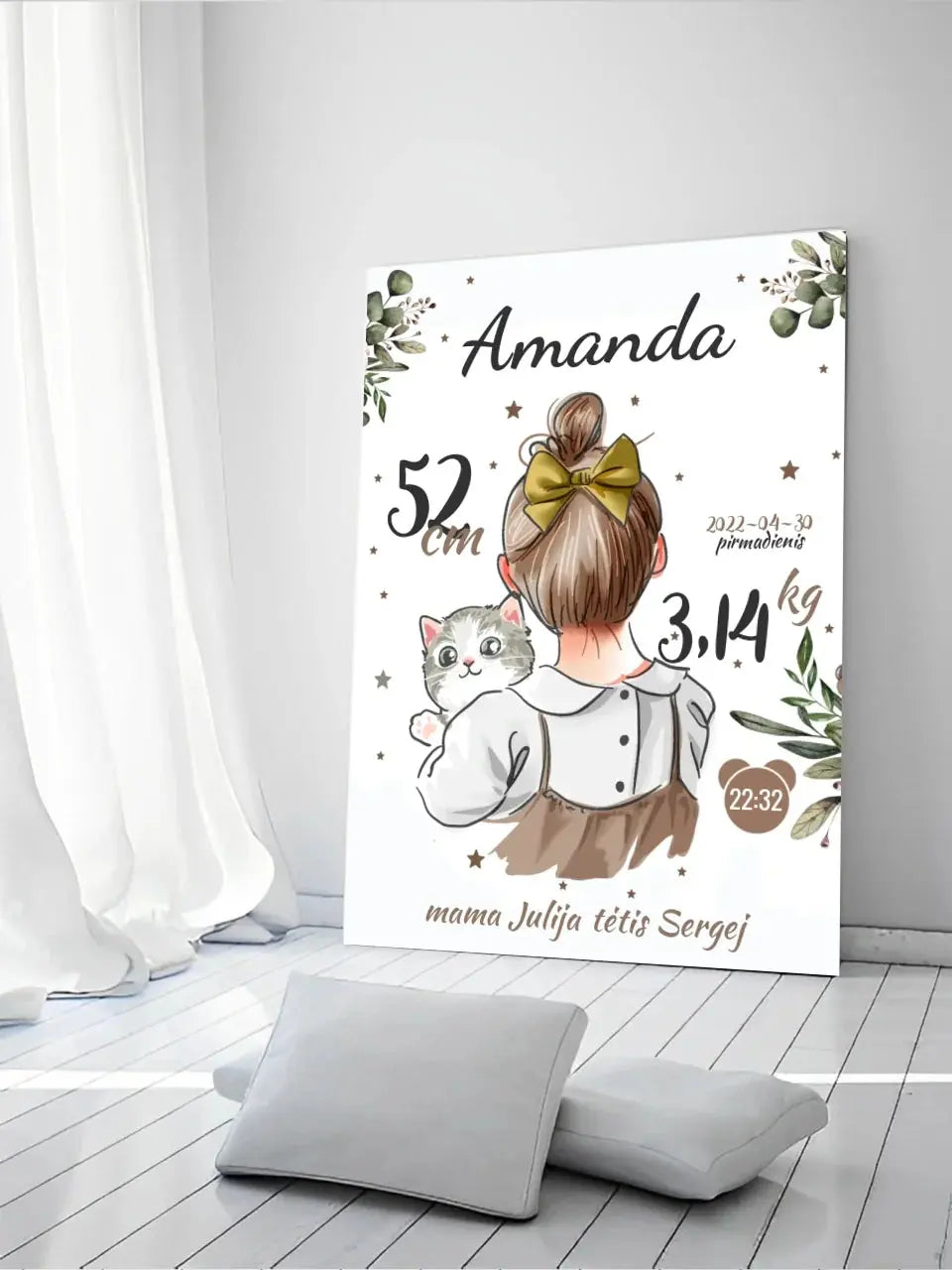 Personalizuota Mergaitės Gimimo Metrikų Iliustracija ant drobės  Drobe -  dovanokis.lt