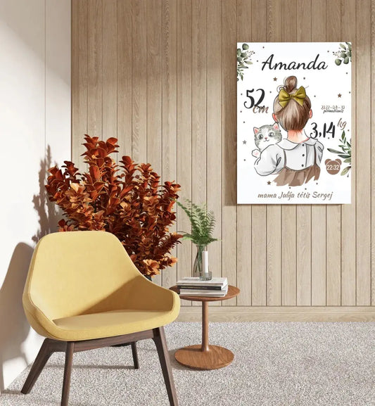 Personalizuota Mergaitės Gimimo Metrikų Iliustracija ant drobės  Drobe -  dovanokis.lt