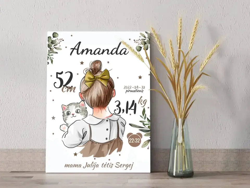 Personalizuota Mergaitės Gimimo Metrikų Iliustracija ant drobės  Drobe -  dovanokis.lt