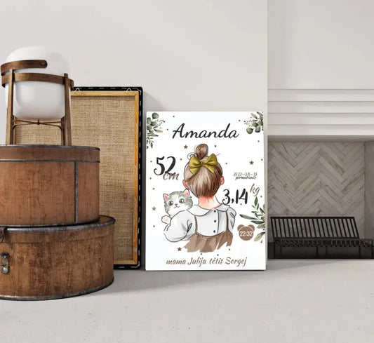 Personalizuota Mergaitės Gimimo Metrikų Iliustracija ant drobės  Drobe -  dovanokis.lt