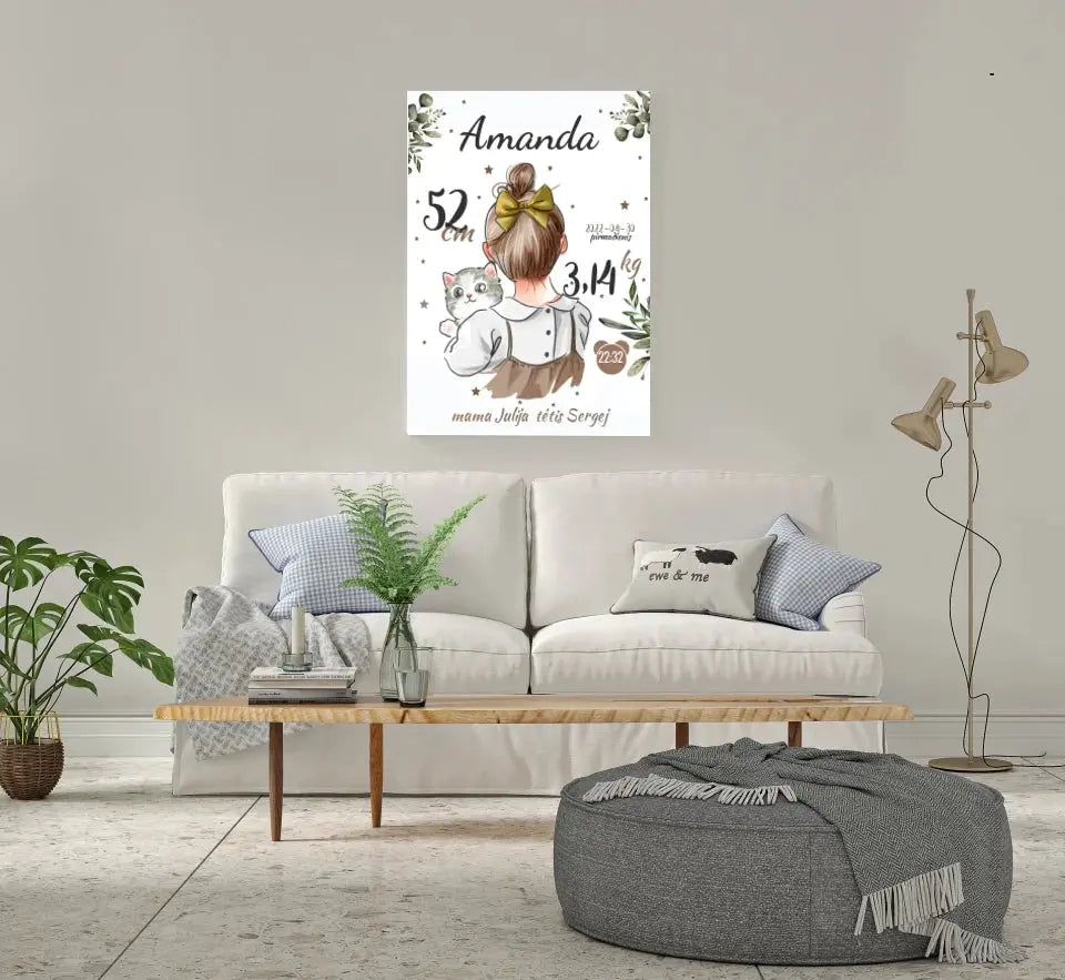 Personalizuota Mergaitės Gimimo Metrikų Iliustracija ant drobės  Drobe -  dovanokis.lt