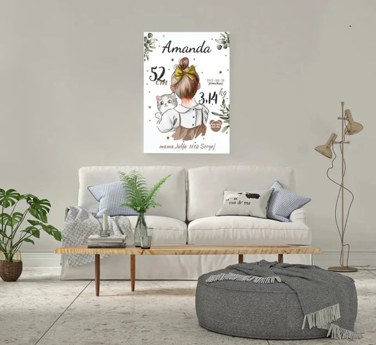 Personalizuota Mergaitės Gimimo Metrikų Iliustracija ant drobės  Drobe -  dovanokis.lt