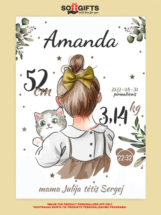 Personalizuota Mergaitės Gimimo Metrikų Iliustracija ant drobės  Drobe -  dovanokis.lt