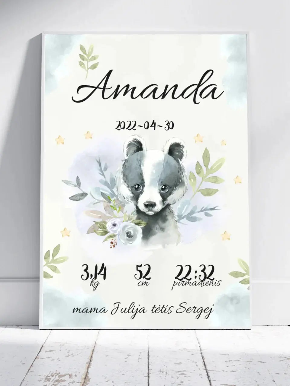 Personalizuota Mergaitės Gimimo Metrikų Iliustracija, plakatas su rėmeliu  Posteris(Plakatas) -  dovanokis.lt
