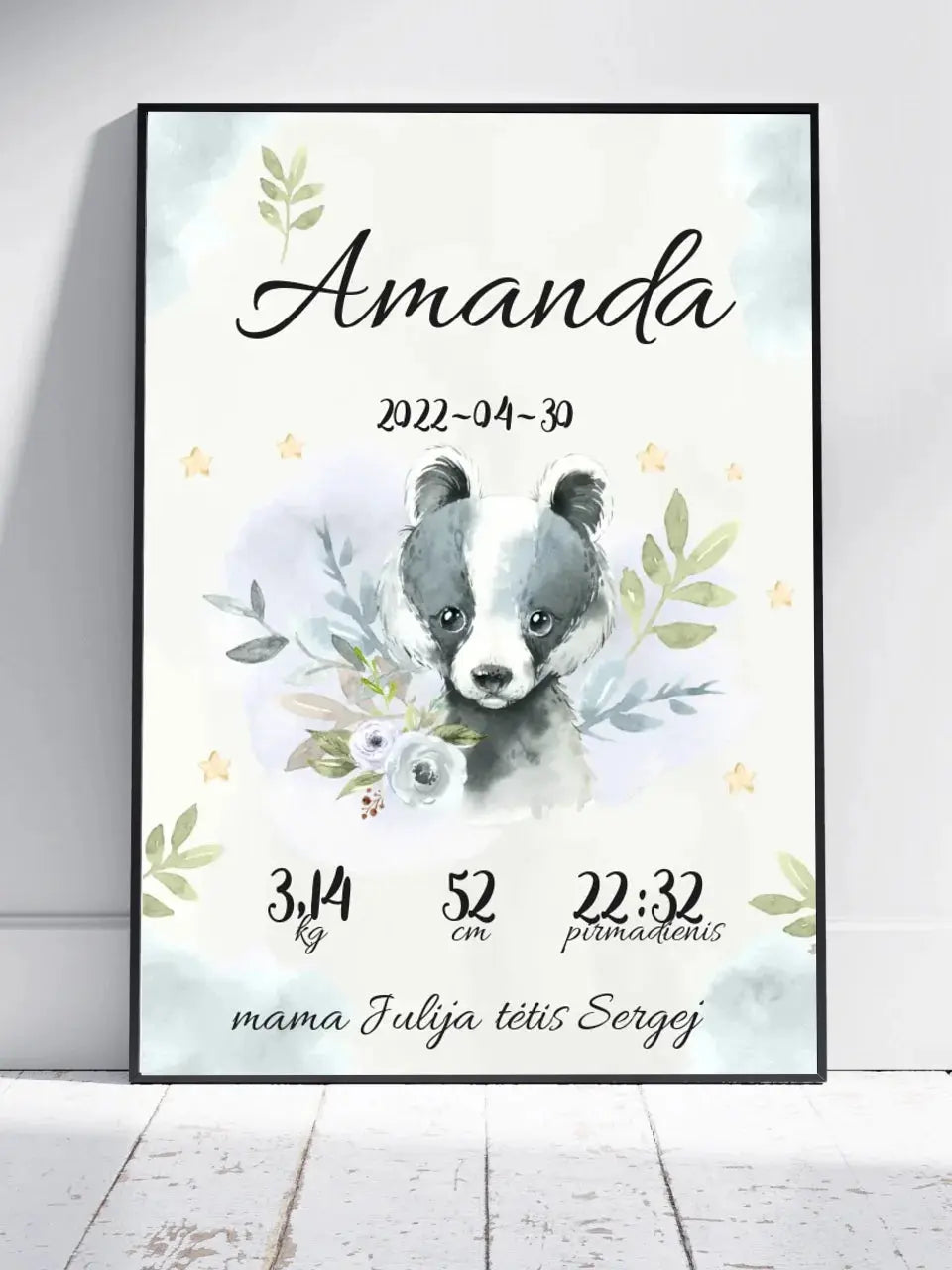 Personalizuota Mergaitės Gimimo Metrikų Iliustracija, plakatas su rėmeliu  Posteris(Plakatas) -  dovanokis.lt