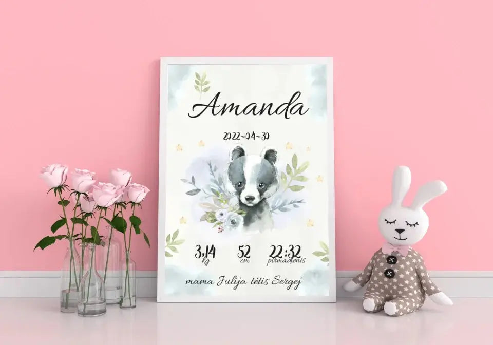 Personalizuota Mergaitės Gimimo Metrikų Iliustracija, plakatas su rėmeliu  Posteris(Plakatas) -  dovanokis.lt