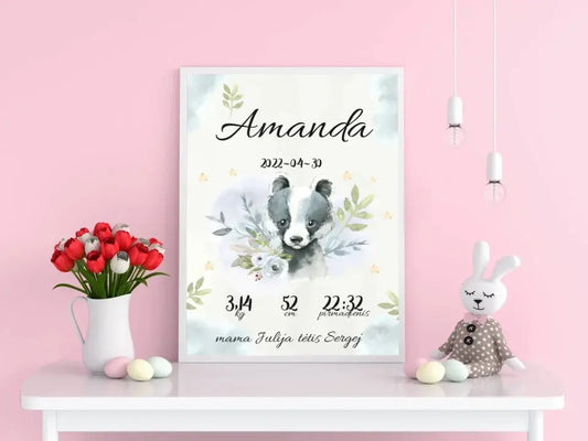Personalizuota Mergaitės Gimimo Metrikų Iliustracija, plakatas su rėmeliu  Posteris(Plakatas) -  dovanokis.lt