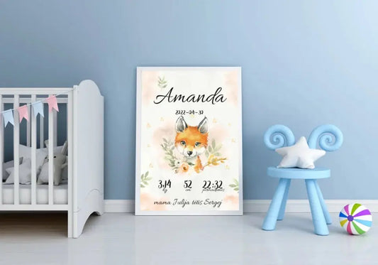 Personalizuota Mergaitės Gimimo Metrikų Iliustracija, plakatas su rėmeliu  Posteris(Plakatas) -  dovanokis.lt