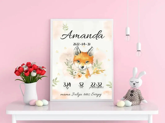 Personalizuota Mergaitės Gimimo Metrikų Iliustracija, plakatas su rėmeliu  Posteris(Plakatas) -  dovanokis.lt