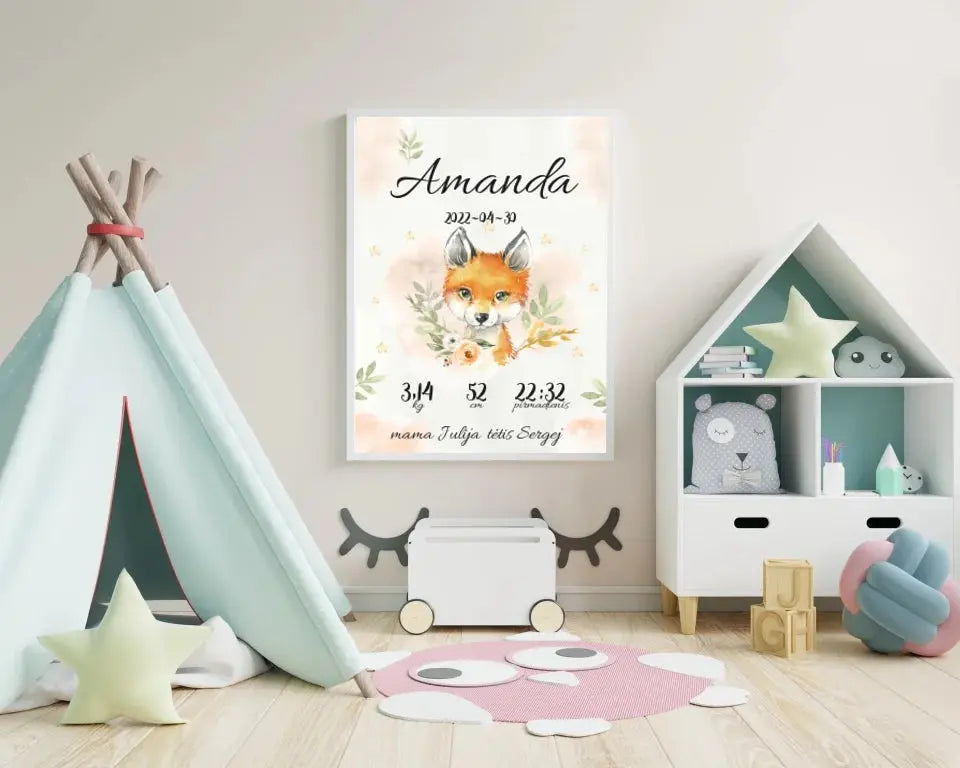 Personalizuota Mergaitės Gimimo Metrikų Iliustracija, plakatas su rėmeliu  Posteris(Plakatas) -  dovanokis.lt