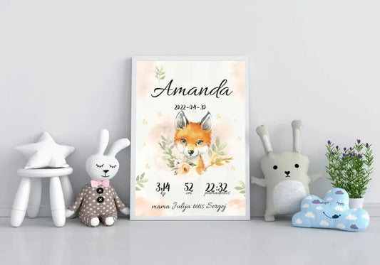 Personalizuota Mergaitės Gimimo Metrikų Iliustracija, plakatas su rėmeliu  Posteris(Plakatas) -  dovanokis.lt