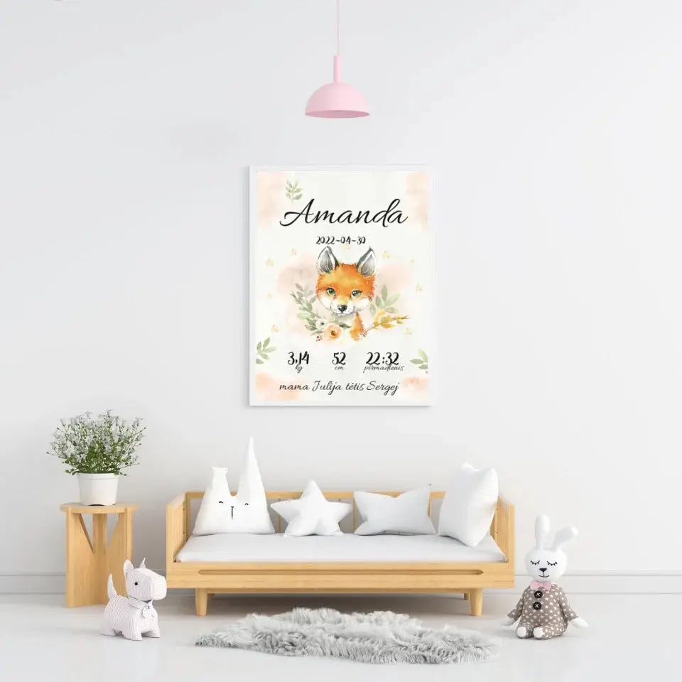 Personalizuota Mergaitės Gimimo Metrikų Iliustracija, plakatas su rėmeliu  Posteris(Plakatas) -  dovanokis.lt