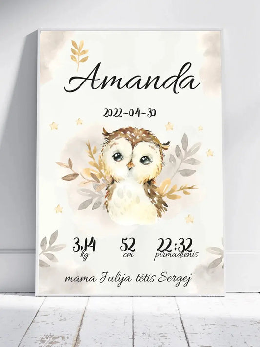 Personalizuota Mergaitės Gimimo Metrikų Iliustracija, plakatas su rėmeliu  Posteris(Plakatas) -  dovanokis.lt