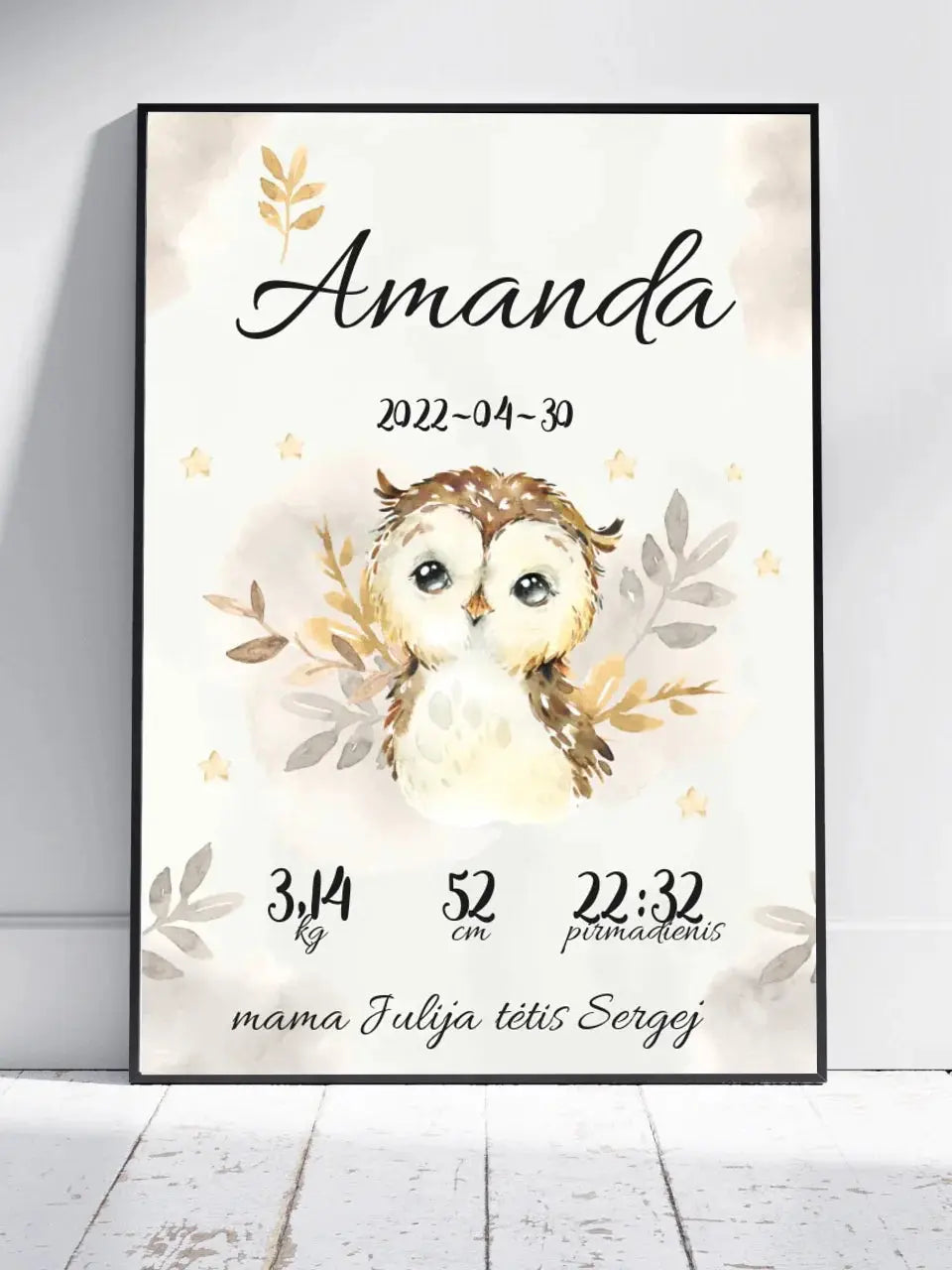 Personalizuota Mergaitės Gimimo Metrikų Iliustracija, plakatas su rėmeliu  Posteris(Plakatas) -  dovanokis.lt