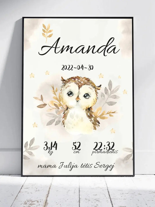 Personalizuota Mergaitės Gimimo Metrikų Iliustracija, plakatas su rėmeliu  Posteris(Plakatas) -  dovanokis.lt