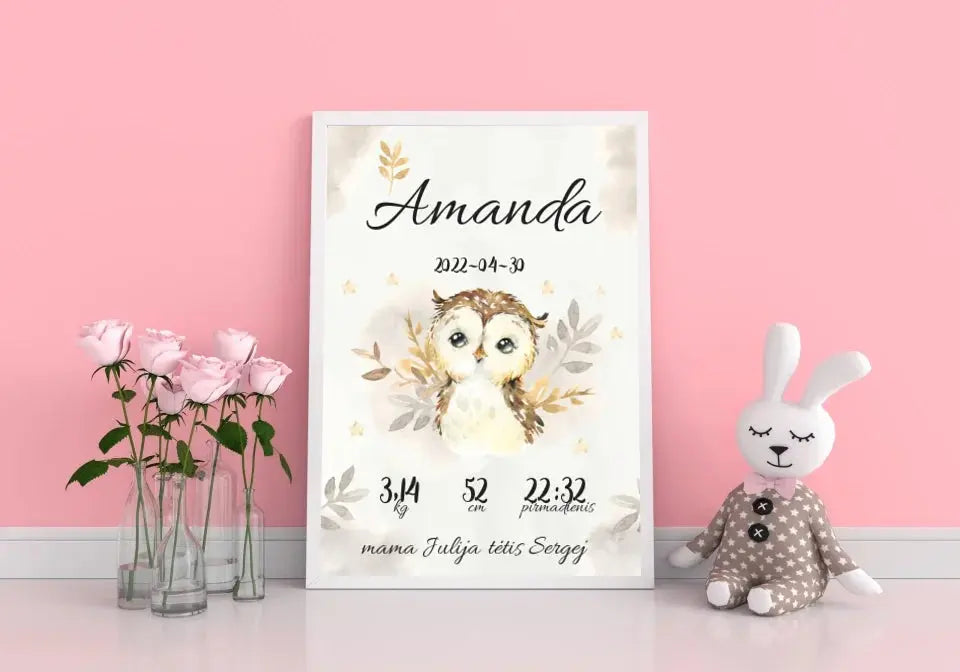 Personalizuota Mergaitės Gimimo Metrikų Iliustracija, plakatas su rėmeliu  Posteris(Plakatas) -  dovanokis.lt