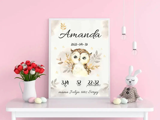 Personalizuota Mergaitės Gimimo Metrikų Iliustracija, plakatas su rėmeliu  Posteris(Plakatas) -  dovanokis.lt