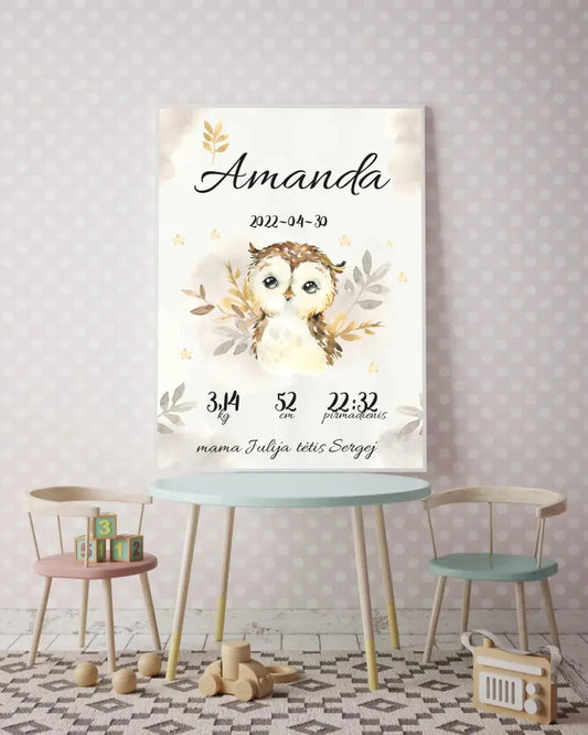 Personalizuota Mergaitės Gimimo Metrikų Iliustracija, plakatas su rėmeliu  Posteris(Plakatas) -  dovanokis.lt