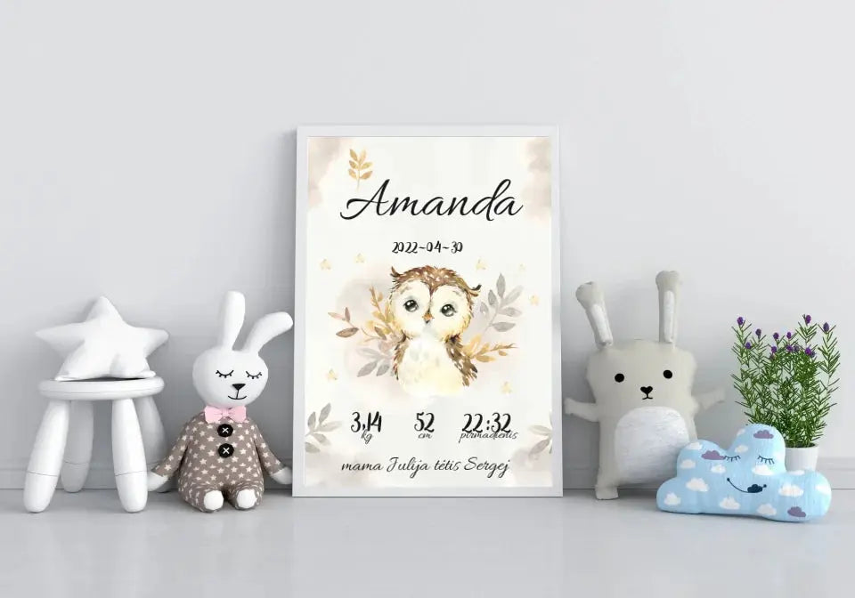 Personalizuota Mergaitės Gimimo Metrikų Iliustracija, plakatas su rėmeliu  Posteris(Plakatas) -  dovanokis.lt