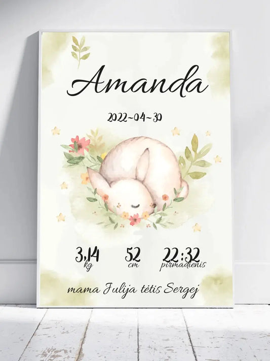 Personalizuota Mergaitės Gimimo Metrikų Iliustracija, plakatas su rėmeliu  Posteris(Plakatas) -  dovanokis.lt