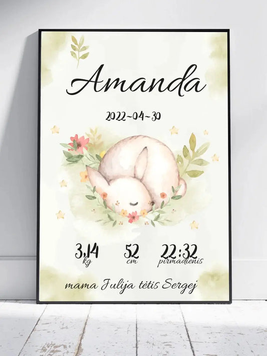 Personalizuota Mergaitės Gimimo Metrikų Iliustracija, plakatas su rėmeliu  Posteris(Plakatas) -  dovanokis.lt