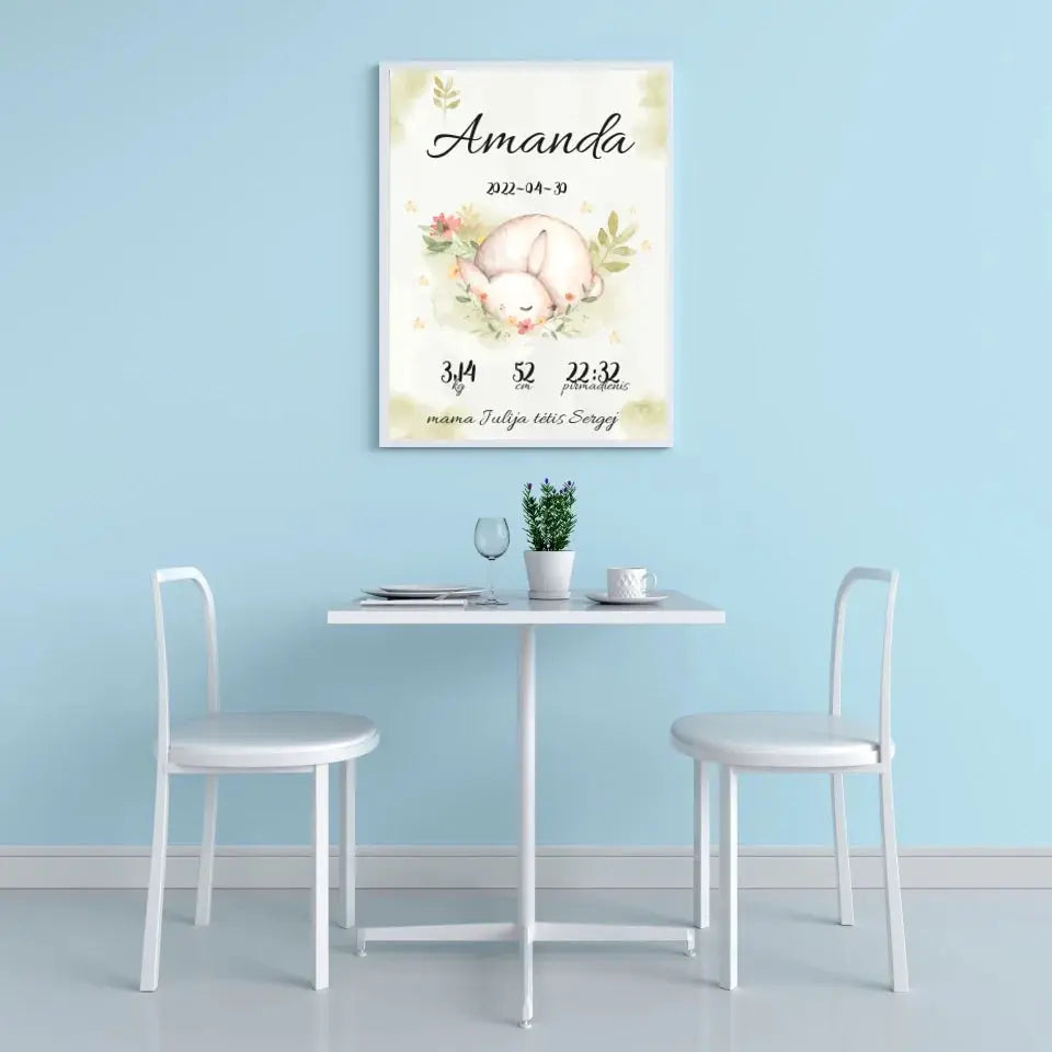 Personalizuota Mergaitės Gimimo Metrikų Iliustracija, plakatas su rėmeliu  Posteris(Plakatas) -  dovanokis.lt