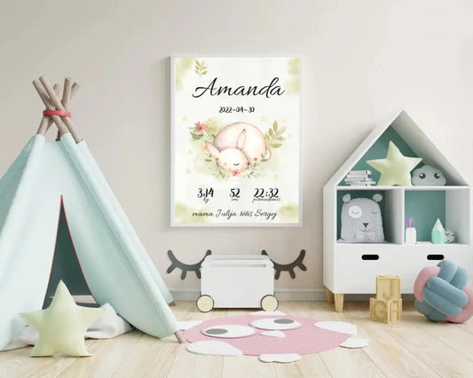 Personalizuota Mergaitės Gimimo Metrikų Iliustracija, plakatas su rėmeliu  Posteris(Plakatas) -  dovanokis.lt