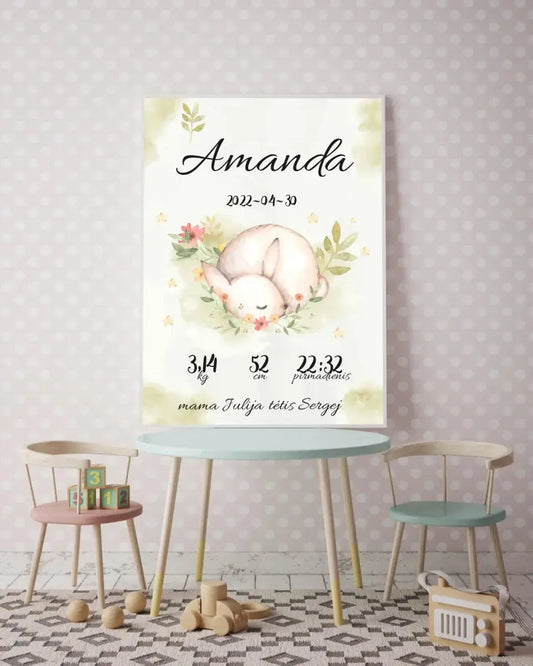 Personalizuota Mergaitės Gimimo Metrikų Iliustracija, plakatas su rėmeliu  Posteris(Plakatas) -  dovanokis.lt