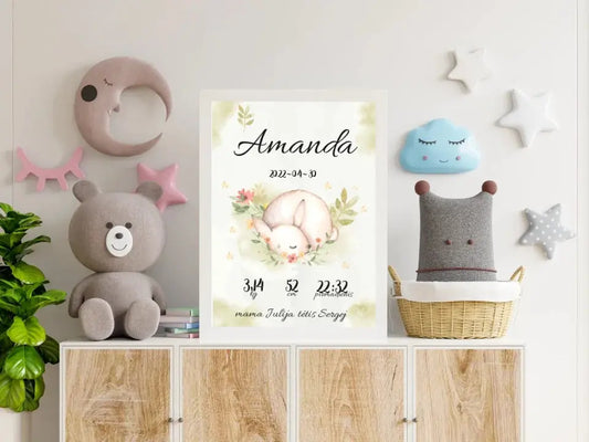 Personalizuota Mergaitės Gimimo Metrikų Iliustracija, plakatas su rėmeliu  Posteris(Plakatas) -  dovanokis.lt