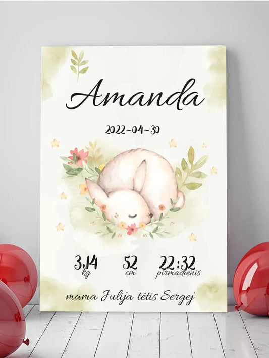 Personalizuota Mergaitės Gimimo Metrikų Iliustracija ant drobės  Drobe -  dovanokis.lt