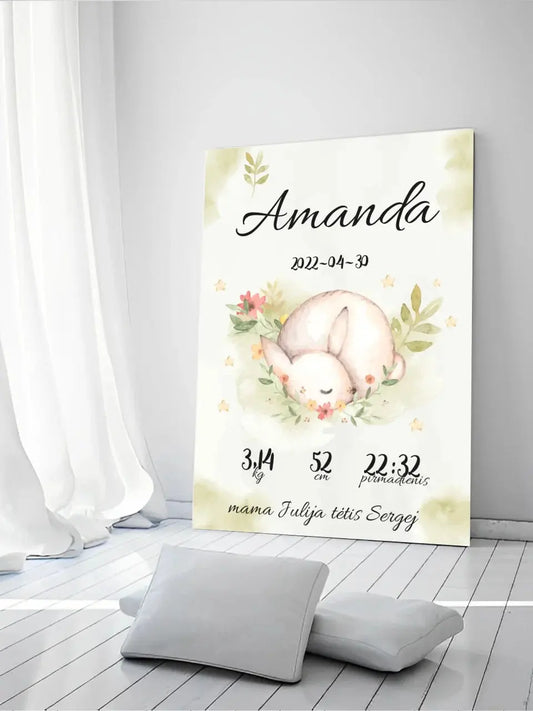 Personalizuota Mergaitės Gimimo Metrikų Iliustracija ant drobės  Drobe -  dovanokis.lt